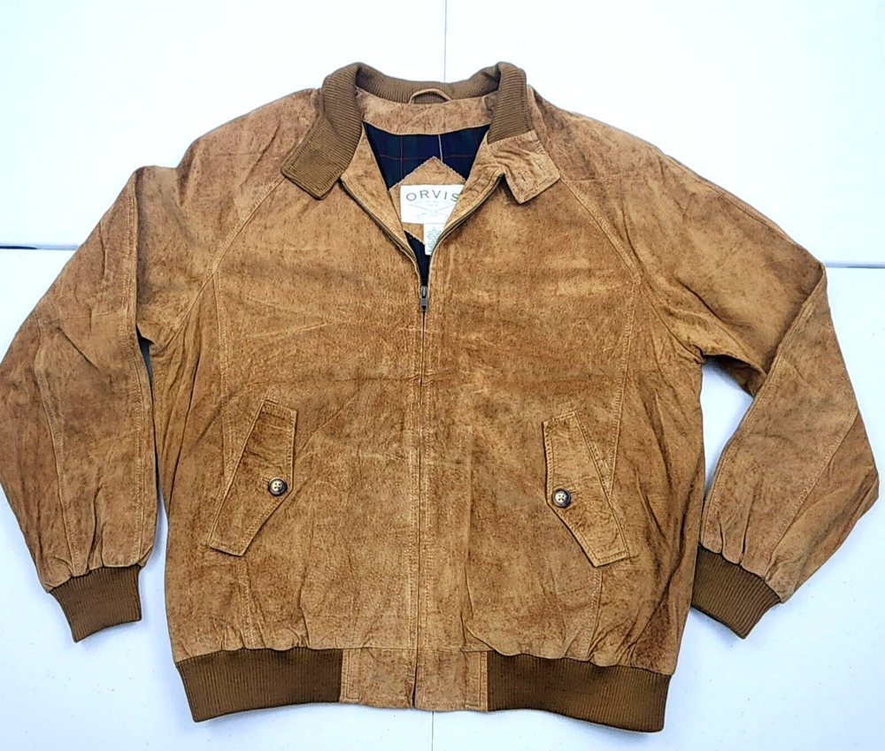 Vintage Orvis Men L Camel Brown Suede Leather Bomber Jacket/Plaid Tartan Lining